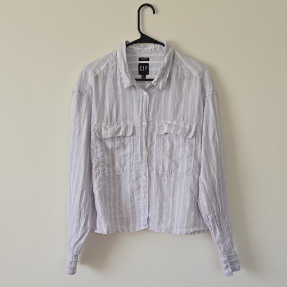 Gap 100% Linen Cropped Shirt Light Blue & White Button Down Stripe Size XL - Picture 1 of 10